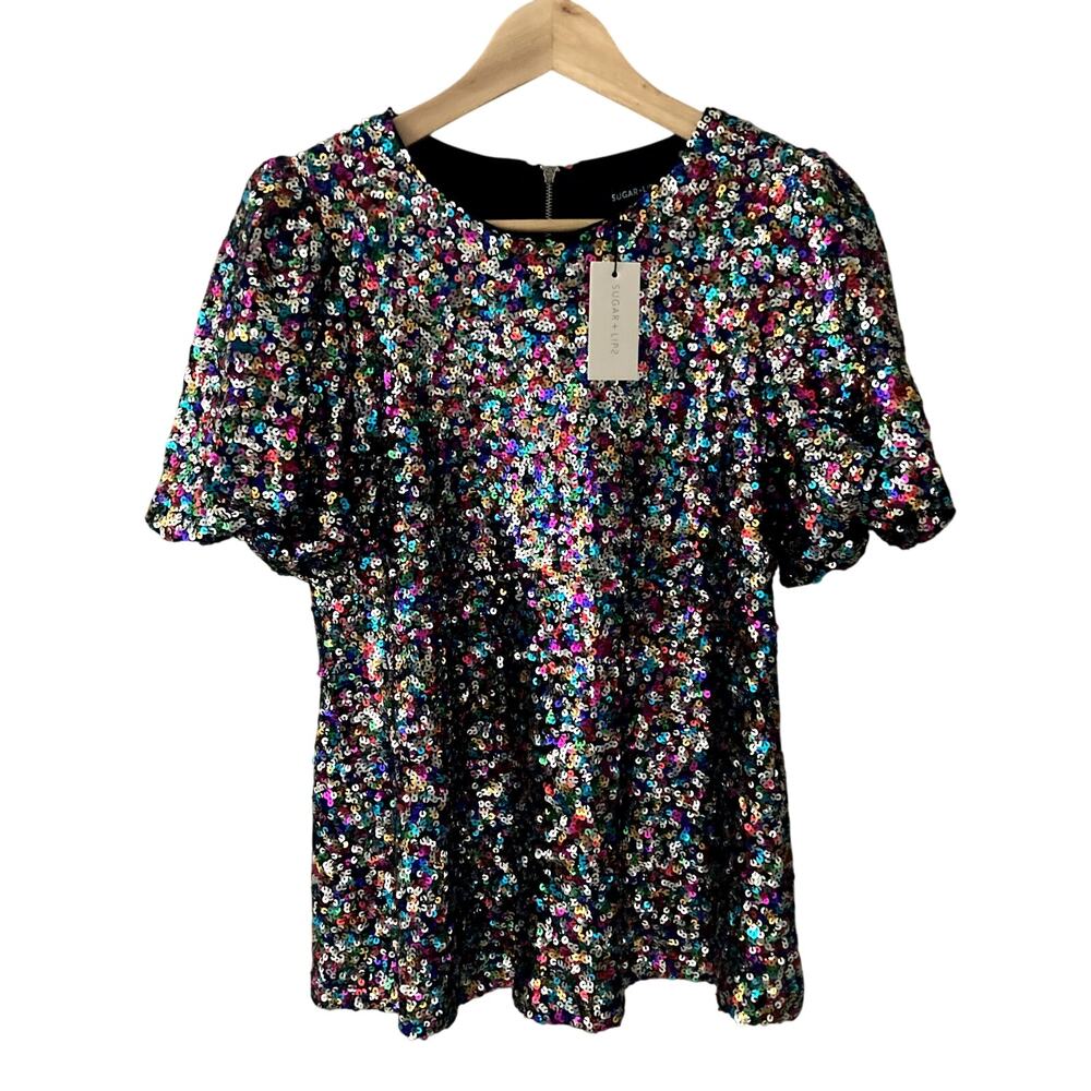 Sugar Lips NEW Sequin Bubble Sleeve Top - Neptune - Medium